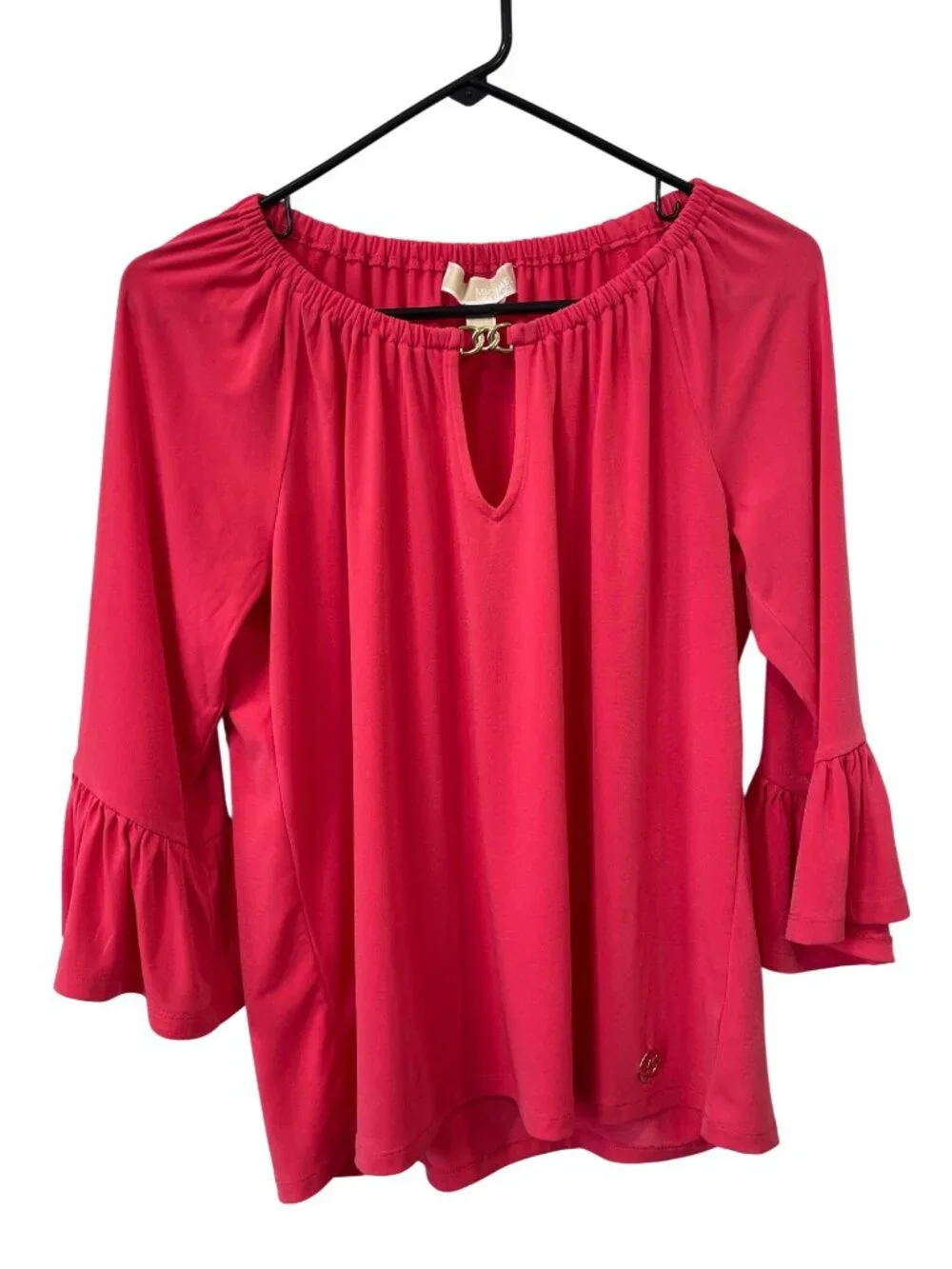 Michael Kors Blouse Small Ruffle Sleeve Keyhole Neck Top Fuchsia Pink Retro Mod